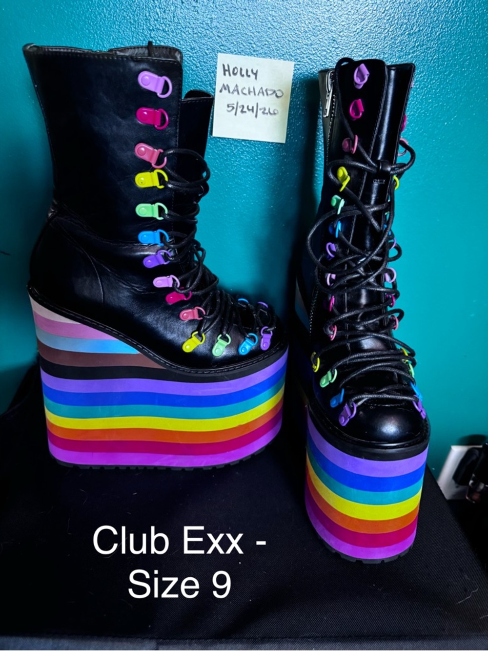 DEADSTOCK - Club Exx Black Platform Lace-Up Boots with Rainbow Stripes